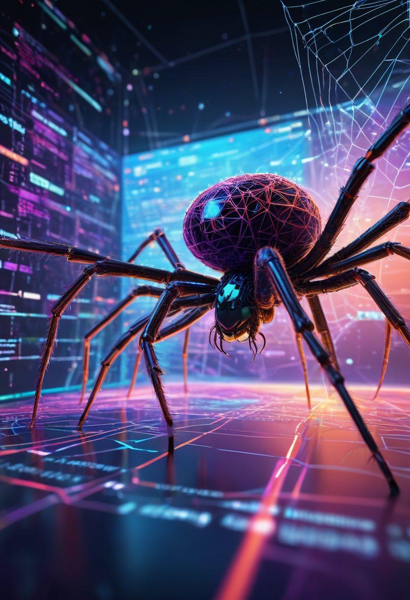 A digital spider weaving a complex, colorful web made of interconnected data points and meta tags. Each strand of the web should have labels like 'SEO', 'Indexing', 'Crawlers', and 'Visibility'. The background should resemble a digital landscape with computer screens and code snippets. 3D. vibrant colors. high-tech aesthetic.