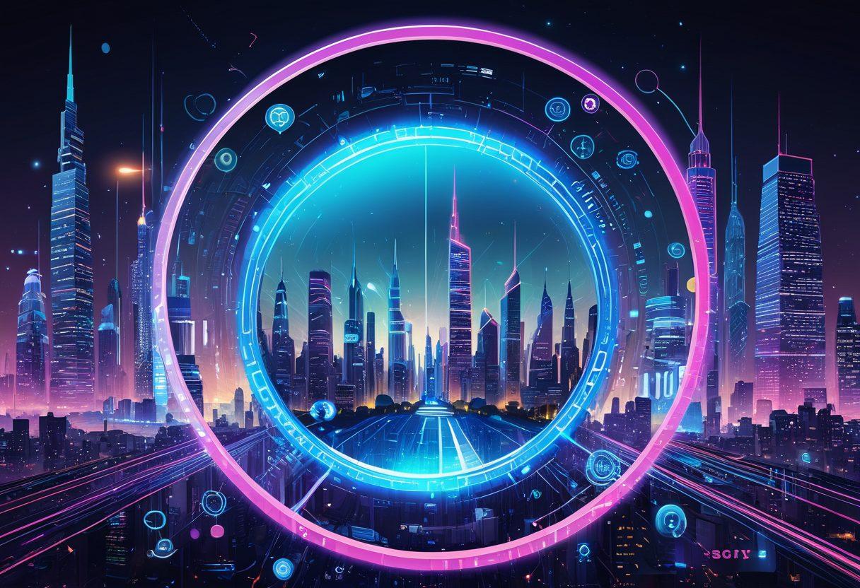A futuristic cityscape with towering skyscrapers made of text, code, and icons; a magnifying glass with SEO symbols highlighting the central tower; glowing pathways connecting different parts of the city representing online visibility. vibrant colors. vector art.