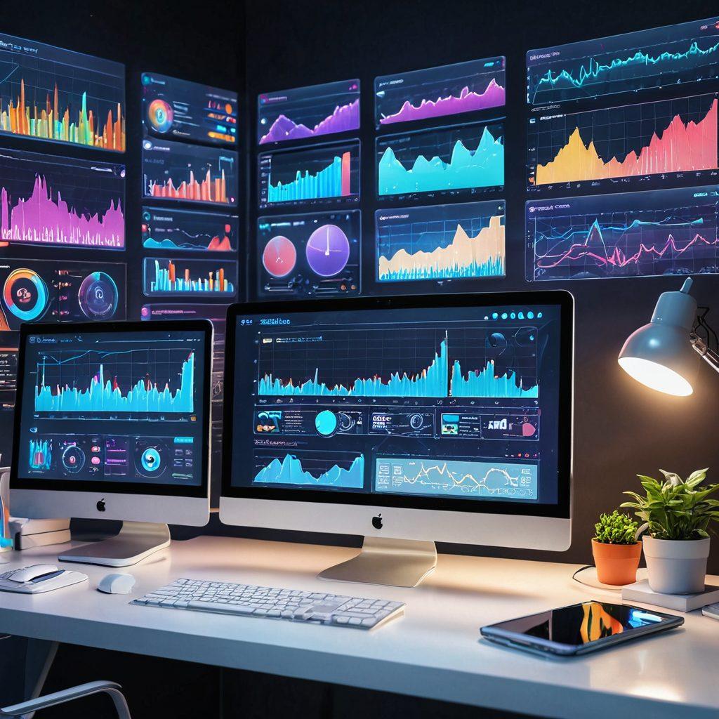 A futuristic desk with advanced holographic screens displaying SEO metrics, charts, and graphs, surrounded by a digital aura. A diverse team of professionals brainstorming ideas with modern tech gadgets around. A bright, uplifting color palette enhancing a sense of innovation and success. super-realistic. vibrant colors.